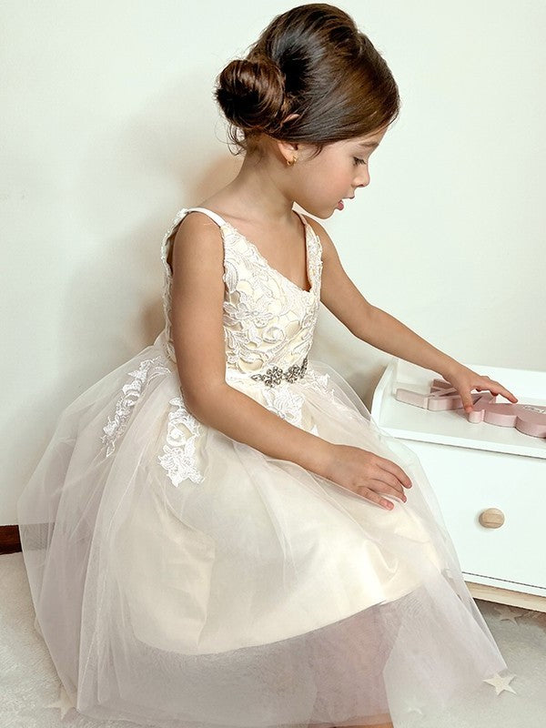 Tulle V-neck Knee-Length A-Line/Princess Lace Sleeveless Flower Girl Dresses