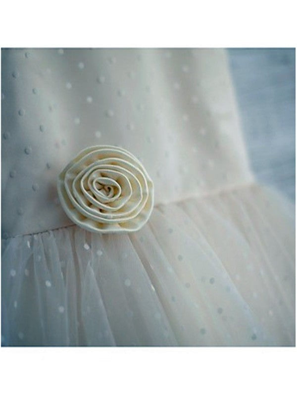 Hand-made Scoop Tulle Flower A-line/Princess Sleeveless Tea-Length Flower Girl Dresses