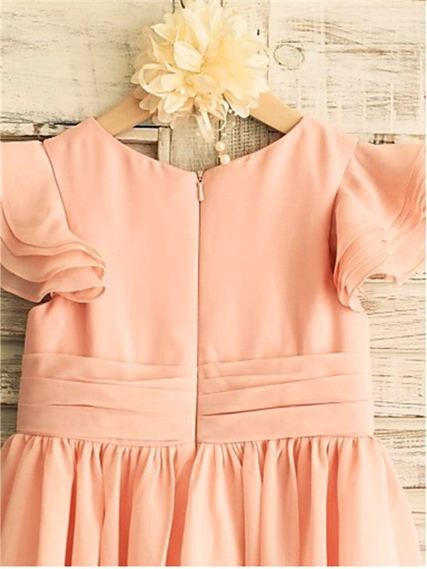 Short Sleeves Scoop Tea-Length A-line/Princess Chiffon Flower Girl Dresses