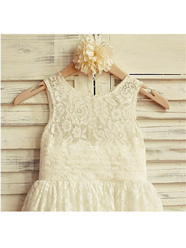 Sleeveless Lace Scoop Ruffles Tea-Length A-line/Princess Flower Girl Dresses