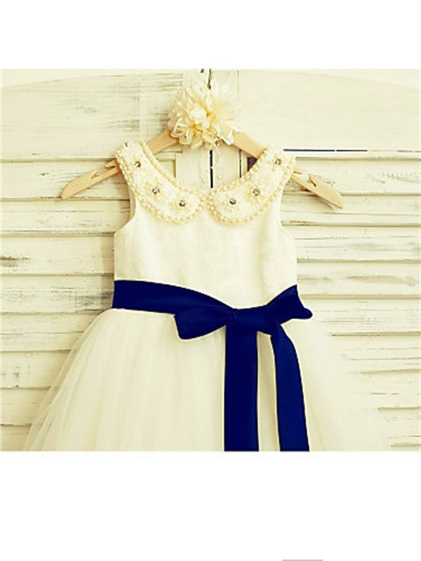 A-line/Princess Bowknot Tulle Scoop Sleeveless Tea-Length Flower Girl Dresses