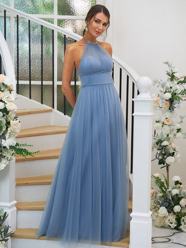 Halter Ruched Tulle Sleeveless A-Line/Princess Floor-Length Bridesmaid Dresses