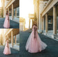 Tulle A-Line/Princess Sleeves Applique Long V-neck Floor-Length Dresses