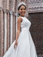 Sweep/Brush A-Line/Princess Sleeveless Bateau Satin Ruffles Train Wedding Dresses