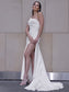 Sweep/Brush Satin Ruched Sleeveless One-Shoulder Sheath/Column Train Wedding Dresses