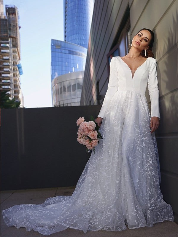 V-neck Applique A-Line/Princess Long Lace Sweep/Brush Sleeves Train Wedding Dresses