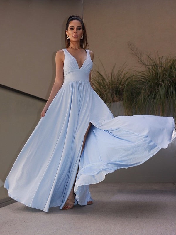 V-neck Jersey Ruffles A-Line/Princess Sleeveless Floor-Length Dresses