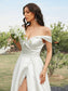 A-Line/Princess Sweep/Brush Ruched Off-the-Shoulder Satin Sleeveless Train Wedding Dresses