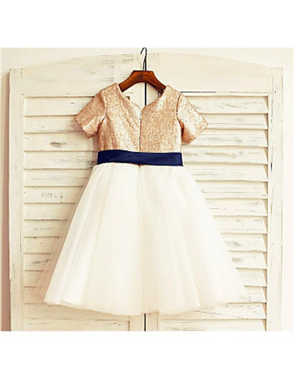 Scoop Tulle Sequin Short Tea-Length A-line/Princess Sleeves Flower Girl Dresses