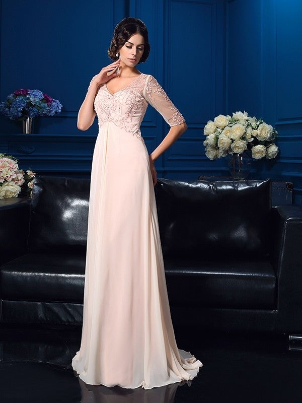 of V-neck Beading Sleeves 1/2 Chiffon Long A-Line/Princess Mother the Bride Dresses