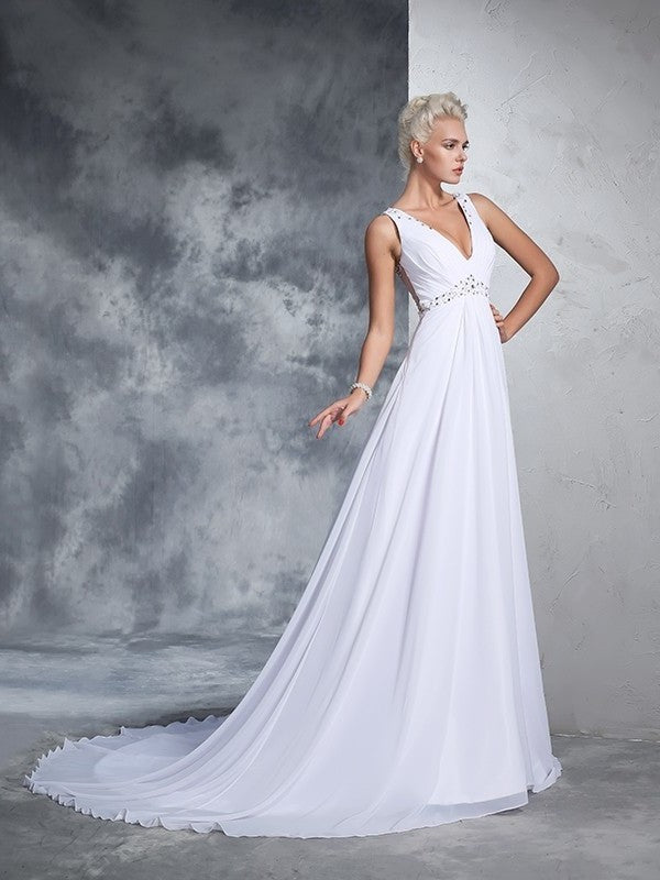Beading V-neck A-Line/Princess Sleeveless Long Chiffon Wedding Dresses