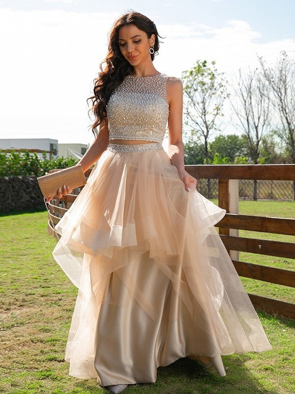 Tulle Beading Floor-Length A-Line/Princess Sleeveless Scoop Two Piece Dresses