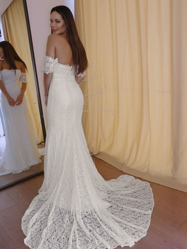 Applique Off-the-Shoulder Short Sleeves Court Lace Trumpet/Mermaid Train Wedding Dresses