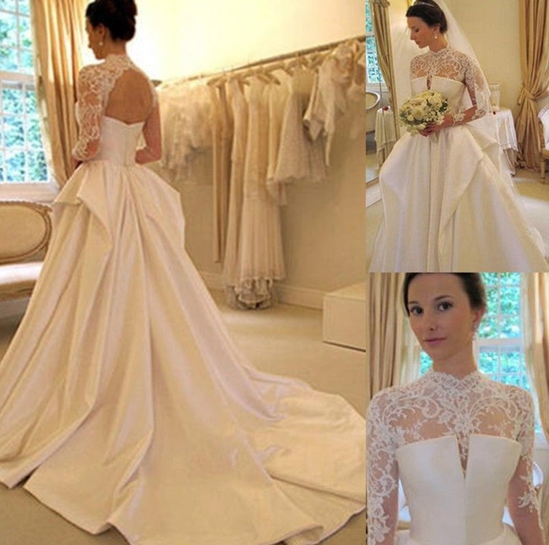 Chapel Sleeves Ball Long Lace Satin High Neck Gown Train Wedding Dresses