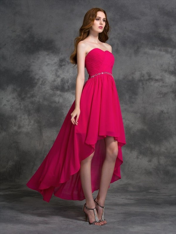 Sweetheart High Sleeveless Low Beading A-line/Princess Chiffon Bridesmaid Dresses