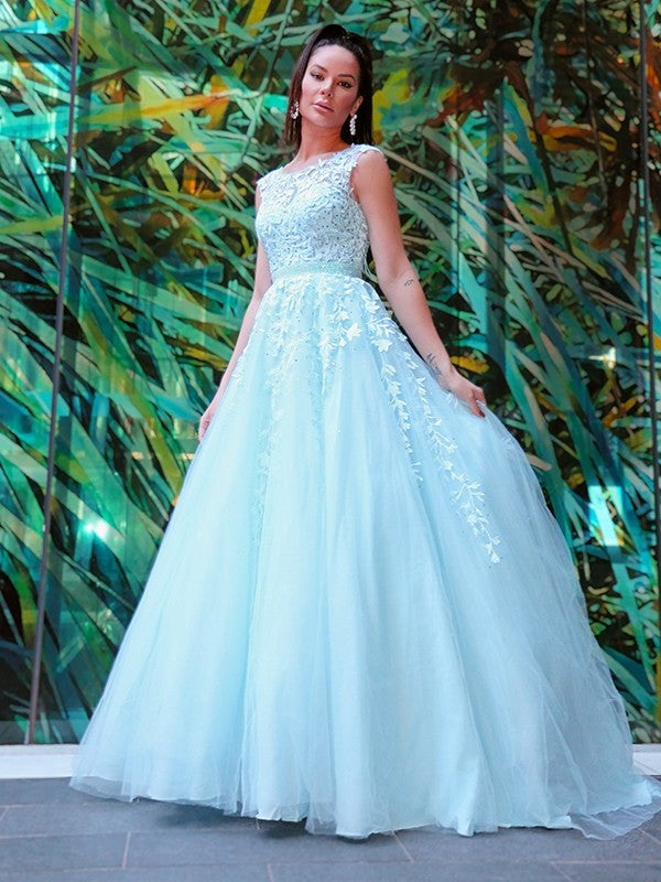 A-Line/Princess Sleeveless Scoop Tulle Applique Sweep/Brush Train Dresses
