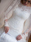 Off-the-Shoulder Lace Trumpet/Mermaid Applique Sleeves Sweep/Brush Long Train Tulle Wedding Dresses