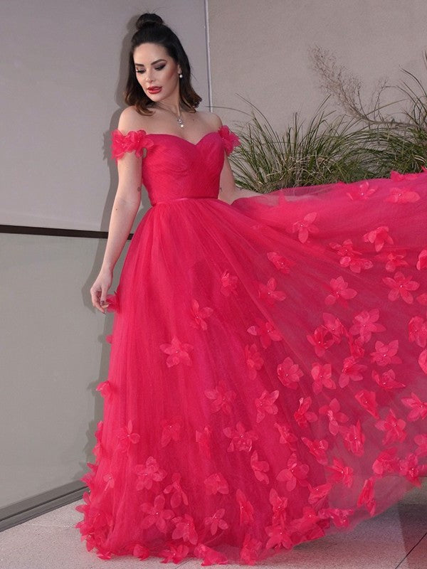 Off-the-Shoulder Tulle Hand-Made Flower A-Line/Princess Sleeveless Floor-Length Dresses