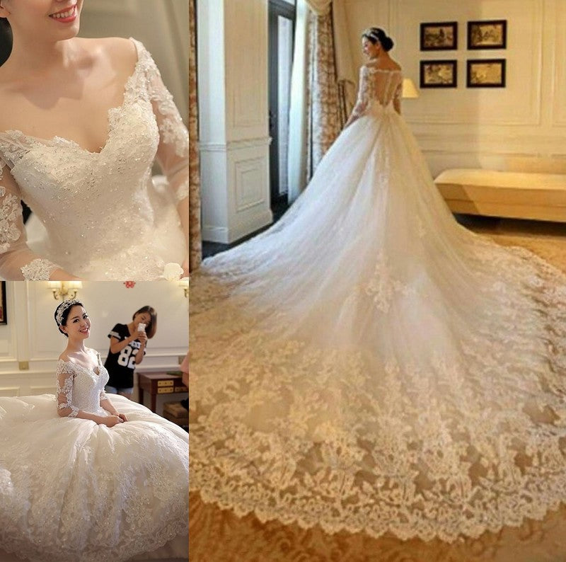 Beading 3/4 Applique Train Sleeves Off-the-Shoulder Gown Ball Cathedral Tulle Wedding Dresses