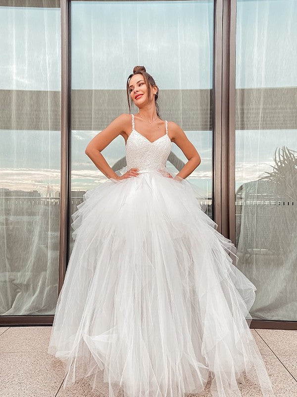 Ruched V-neck Tulle A-Line/Princess Sleeveless Floor-Length Wedding Dresses