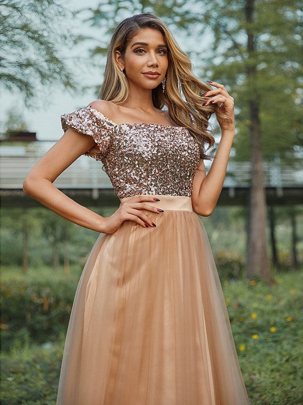 Off-the-Shoulder A-Line/Princess Tulle Sleeveless Sequin Floor-Length Bridesmaid Dresses