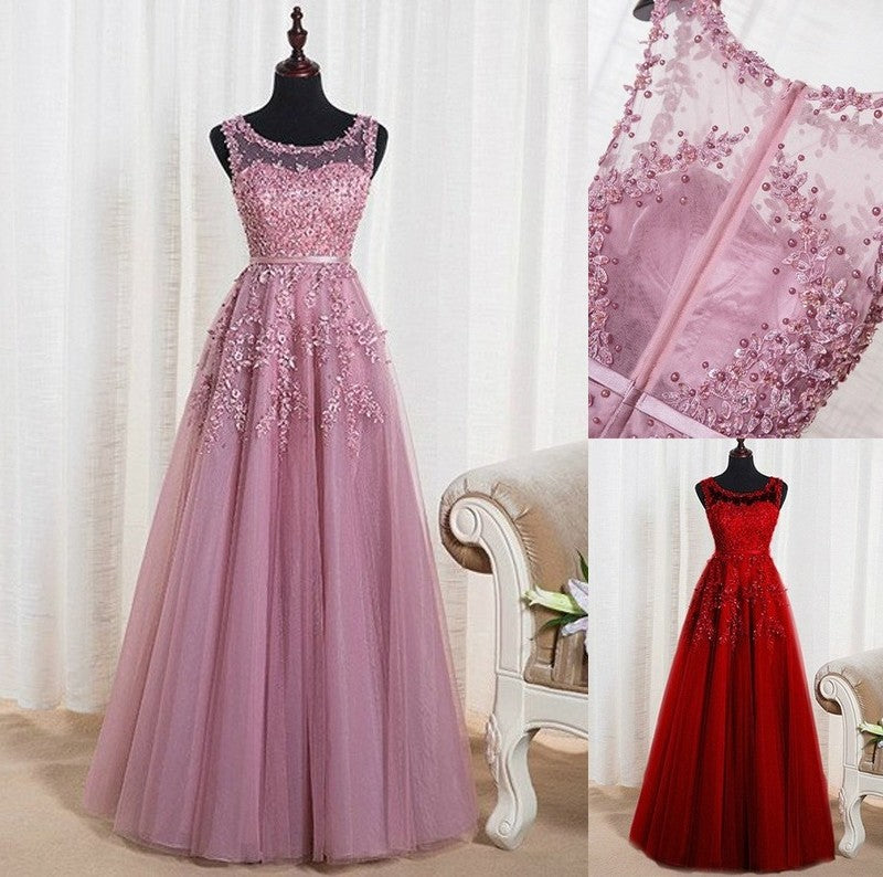 A-Line/Princess Sleeveless Scoop Floor-Length Tulle Beading Dresses