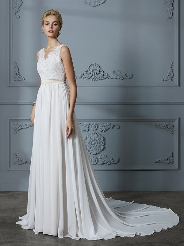 V-neck Chiffon A-Line/Princess Sleeveless Court Train Wedding Dresses