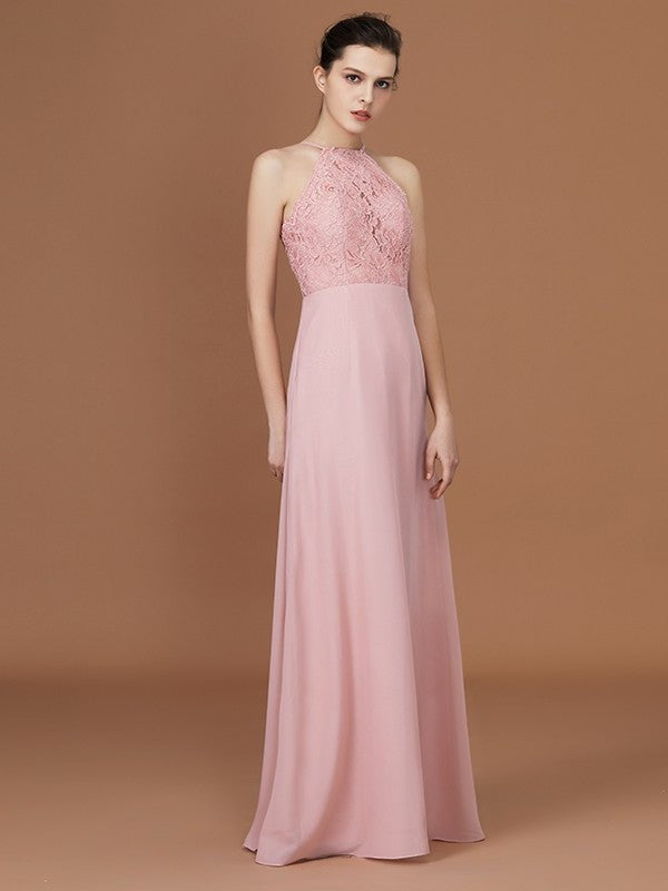 Halter Sleeveless A-Line/Princess Lace Floor-Length Chiffon Bridesmaid Dress