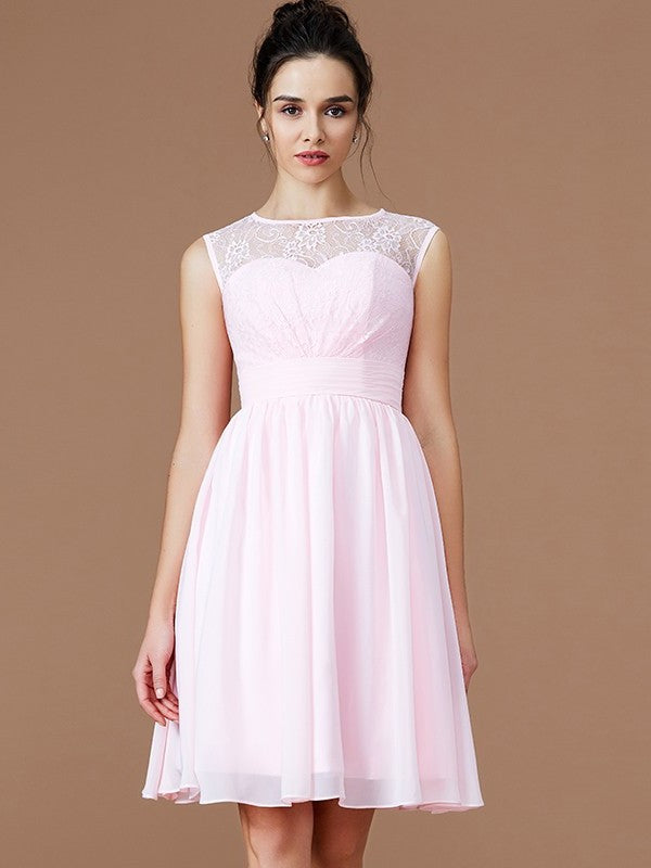 Sweetheart Sleeveless Short/Mini Lace A-Line/Princess Chiffon Bridesmaid Dresses