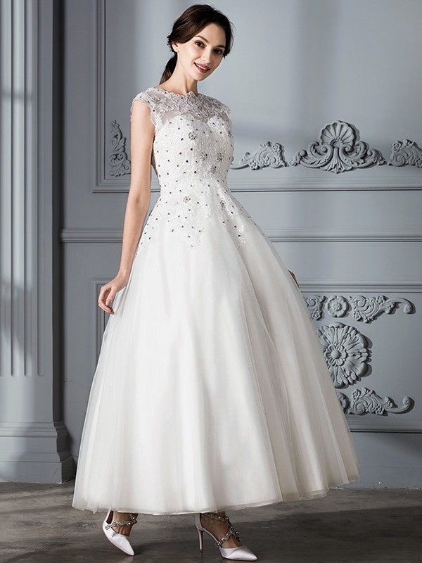 Sleeveless Gown Scoop Ball Tea-Length Tulle Wedding Dresses