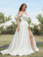 A-Line/Princess Sweep/Brush Ruched Off-the-Shoulder Satin Sleeveless Train Wedding Dresses