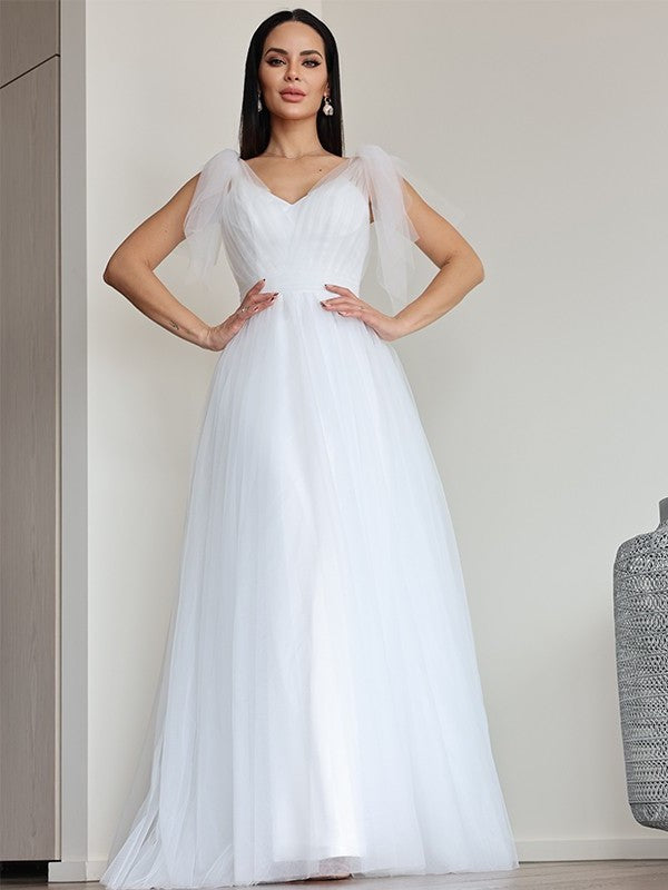 Sleeveless V-neck Tulle Ruffles A-Line/Princess Floor-Length Wedding Dresses