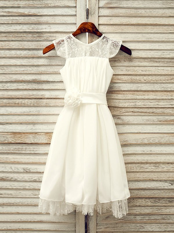 A-Line/Princess Scoop Chiffon Lace Tea-Length Sleeveless Flower Girl Dresses