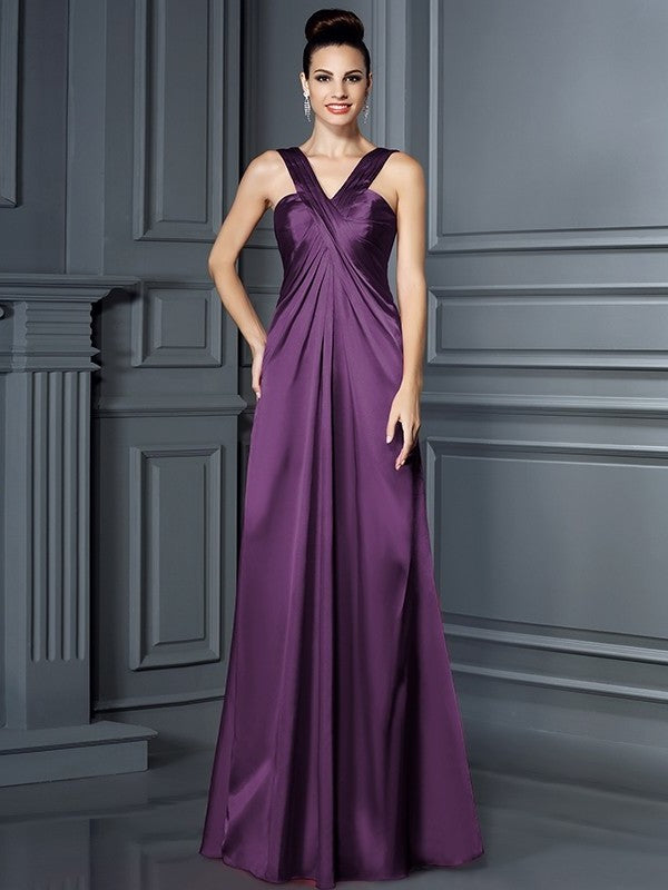 Long Sleeveless Woven Elastic Straps A-Line/Princess Satin Bridesmaid Dresses