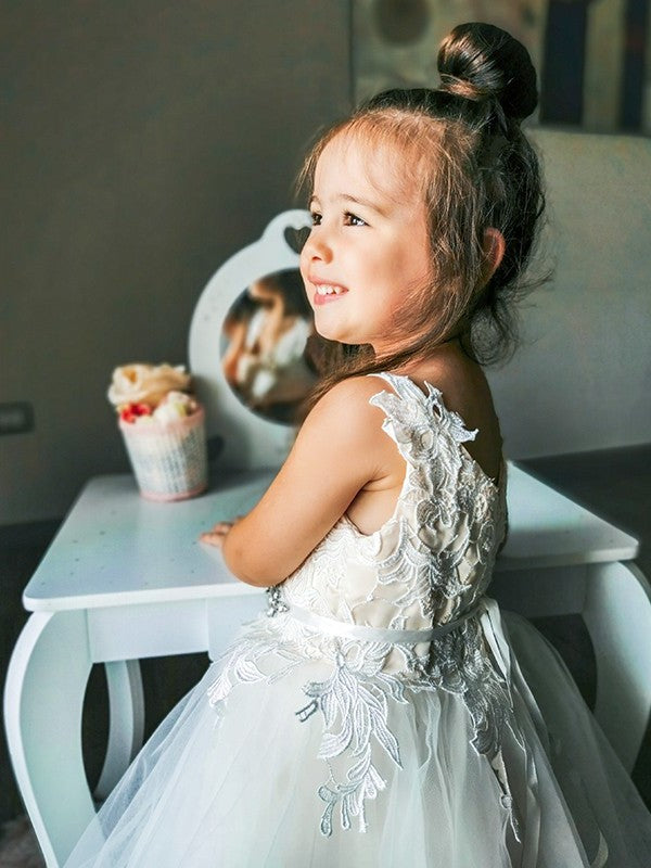 Ankle-Length Lace Tulle A-Line/Princess Sleeveless V-neck Flower Girl Dresses
