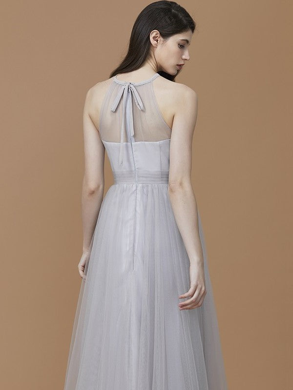 Halter Sleeveless Ruffles A-Line/Princess Floor-Length Tulle Bridesmaid Dresses