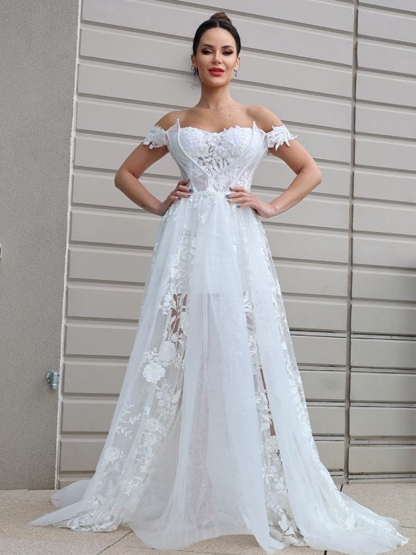 Sweep/Brush Off-the-Shoulder Sleeveless A-Line/Princess Tulle Applique Train Wedding Dresses