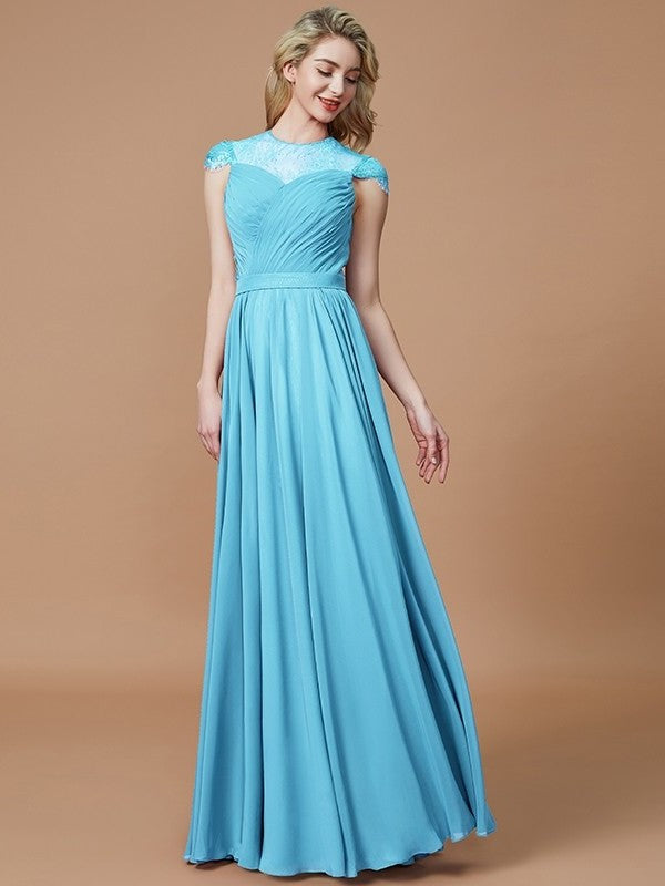 Sleeves Scoop Chiffon A-Line/Princess Short Floor-Length Bridesmaid Dresses