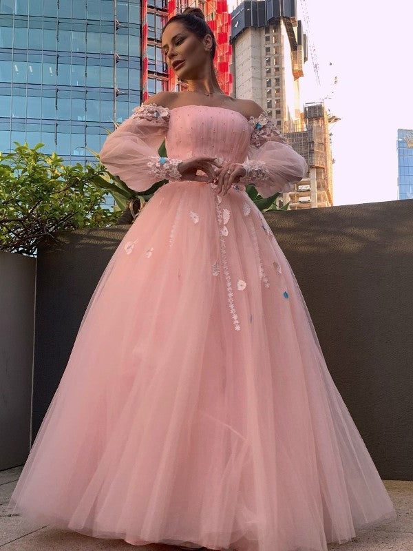 Tulle Flower Gown Ball Hand-Made Long Sleeves Off-the-Shoulder Floor-Length Dresses