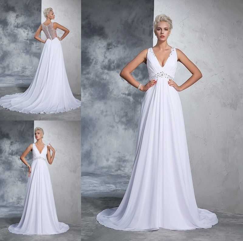 Beading V-neck A-Line/Princess Sleeveless Long Chiffon Wedding Dresses