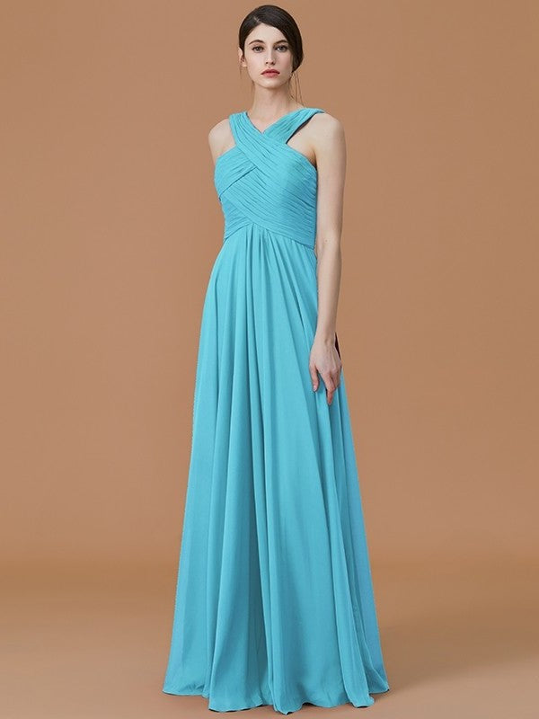 Sleeveless Halter Floor-Length A-Line/Princess Ruched Chiffon Bridesmaid Dresses