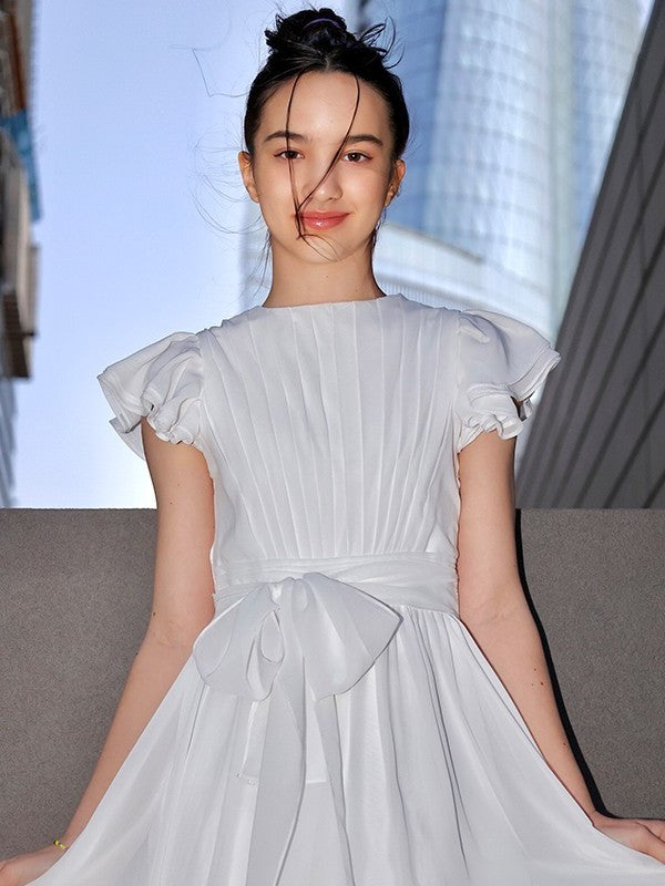 Scoop Sleeves A-Line/Princess Floor-Length Short Chiffon Ruffles Junior/Girls Bridesmaid Dresses