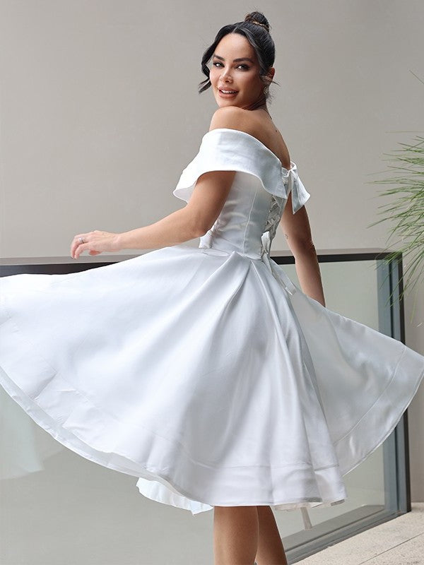 Satin Off-the-Shoulder Sleeveless Ruffles A-Line/Princess Knee-Length Wedding Dresses
