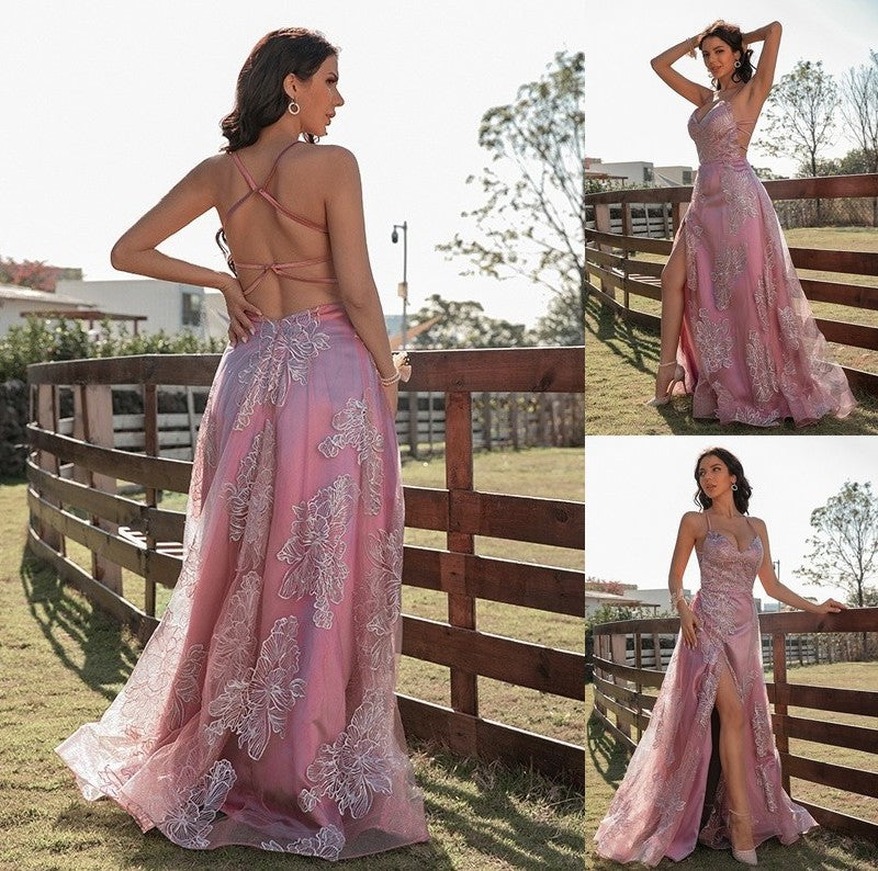 A-Line/Princess Ruffles Lace V-neck Sleeveless Floor-Length Dresses