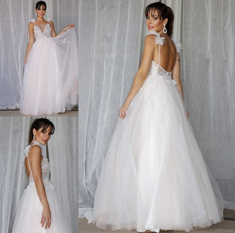 V-neck A-Line/Princess Beading Tulle Sleeveless Floor-Length Wedding Dresses