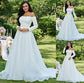 A-Line/Princess Tulle Ruffles Off-the-Shoulder Sweep/Brush Sleeves Long Train Wedding Dresses