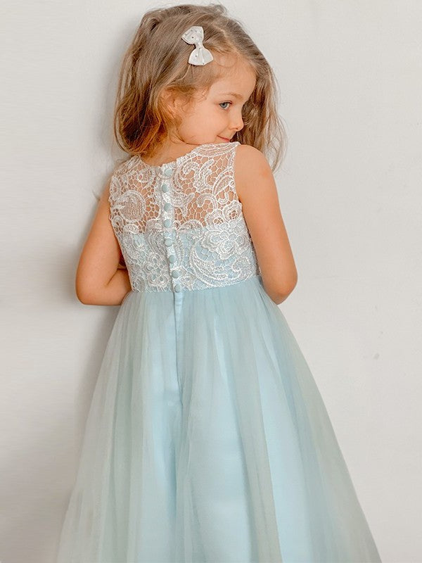A-Line/Princess Lace Scoop Ankle-Length Tulle Sleeveless Flower Girl Dresses