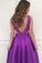 A-line V-neck Satin Long Simple Prom Dresses with Pockets Purple Bridesmaid Dresses JS603