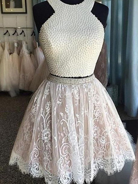A-Line Princess Lace Leyla Homecoming Dresses Sleeveless Halter Pearls Short Two Piece