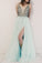 A-Line V-Neck Spaghetti Straps Beads Modest Tulle Cheap Evening Prom Dresses UK JS490